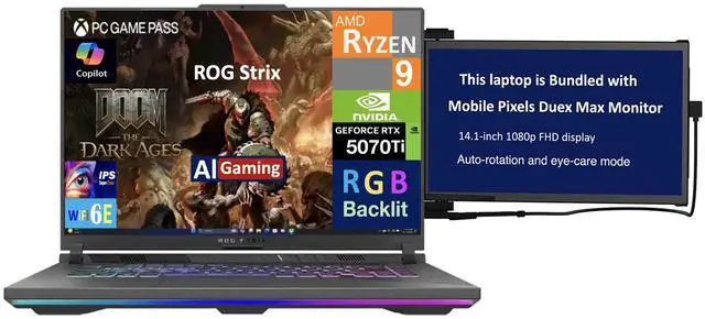 Main image of ASUS ROG Strix AI Gaming Laptop 16.0" 165Hz IPS WUXGA Display (AMD Ryzen 9 8940HX, NVIDIA GeForce RTX 5070 Ti 12GB, 16GB DDR5, 1TB SSD, RGB KB, WiFi 6E, Webcam, Win 11 Home) w/Duex Max DS Monitor