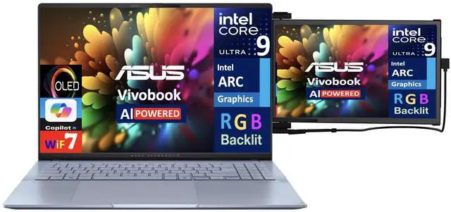 Alt view image 3 of 7 - ASUS Vivobook AI Business Laptop 16.0" OLED 2.8K Display (Intel Ultra 9-285H, 32GB LPDDR5X, 4TB PCIe SSD, Intel Arc, RGB KB, 2 Thunderbolt 4, WiFi 7, Webcam, Win 11 Home) w/Duex Max DS Monitor
