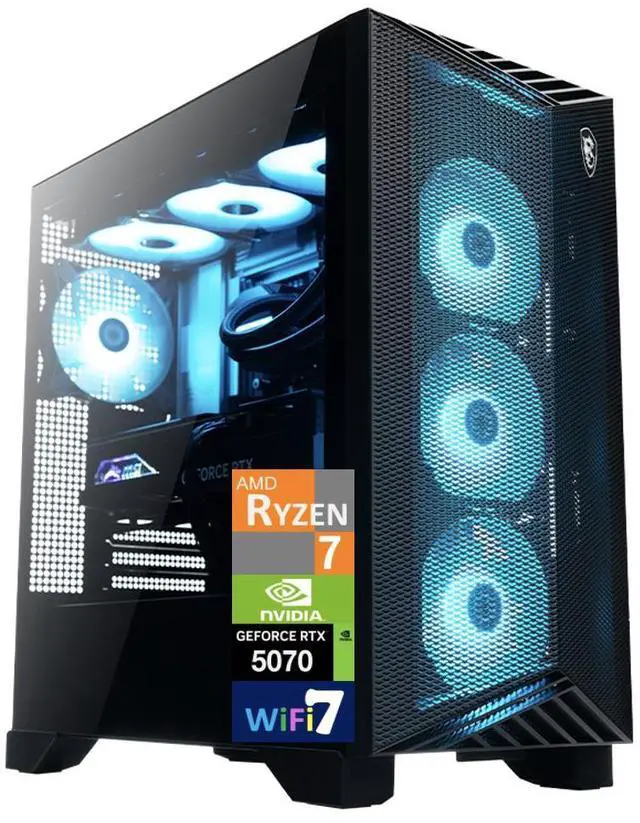 Main image of MSI Aegis AI Gaming Desktop PC (AMD Ryzen 7 9700X, GeForce RTX 5070 12GB GDDR7, 32GB DDR5, 2TB SSD, RGB Fans, 360mm AIO, 750W PSU, WiFi 7, Bluetooth 5.4, RJ-45, 3 Display Port, HDMI, Win 11 Home)