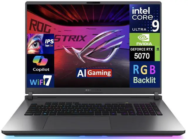 Main image of ASUS ROG Strix AI Gaming Laptop 18" 240Hz IPS WQXGA Display (Intel Ultra 9- 275HX, NVIDIA GeForce RTX 5070 8GB, 32GB DDR5, 1TB SSD, RGB KB, Thunderbolt 4, WiFi 7, Webcam, Bluetooth 5.4, Win 11 Home)
