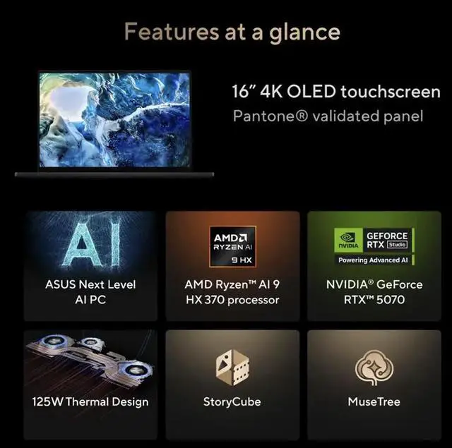 Alt view image 7 of 7 - ASUS ProArt AI Powered Laptop 16.0" Touchscreen OLED 4K Display (AMD Ryzen AI 9 HX 370, 32GB LPDDR5X, 4TB PCIe SSD, GeForce RTX 5070, Backlit KB, WiFi 7, Webcam, Bluetooth 5.4, Win 11 Home)