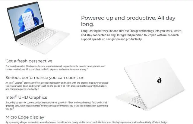 Alt view image 3 of 7 - HP 14 Everyday Value Laptop 14.0" HD HD Display (Intel Celeron N4500, 4GB DDR4, 64GB SSD, Intel UHD, WiFi 6, Webcam, Bluetooth 5.4, Win 11 Home S-Mode)