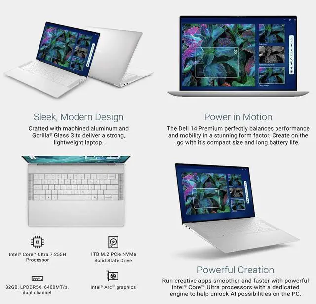 Alt view image 3 of 7 - Dell 14 Premium Professional Laptop 14.5 Touchscreen OLED 3.2K Display (Intel Ultra 7-255H, 32GB LPDDR5X, 8TB PCIe SSD, Intel Arc, Backlit KB, Fingerprint, 2 Thunderbolt 4, WiFi 7, Win 11 Home)