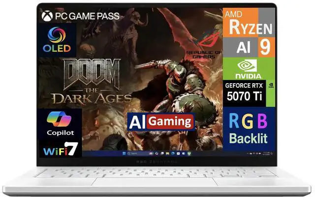 Main image of ASUS ROG Zephyrus AI Gaming Laptop 14.0" 120Hz OLED 2.8K Display (AMD Ryzen AI 9 HX 370, NVIDIA GeForce RTX 5070 Ti 12GB, 32GB LPDDR5X, 1TB SSD, RGB KB, WiFi 7, Webcam, Bluetooth 5.3, Win 11 Home)
