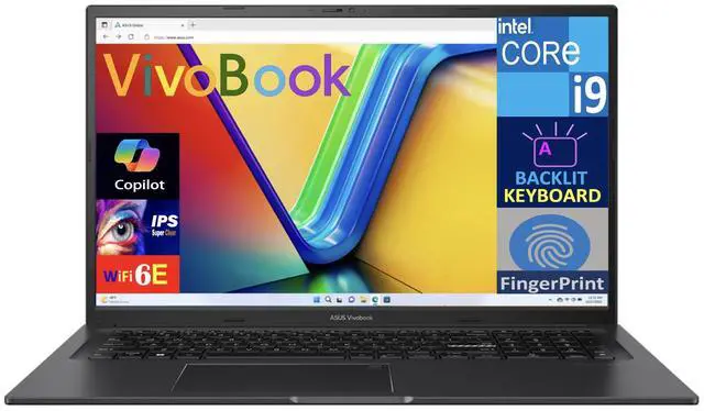 Main image of ASUS Vivobook  Laptop 17.3" IPS FHD Display (Intel i9-13900H, 16GB DDR4, 4TB PCIe SSD, Intel Iris Xe, Backlit KB, Fingerprint, WiFi 6E, Webcam, Bluetooth 5.3, Win 11 Home)