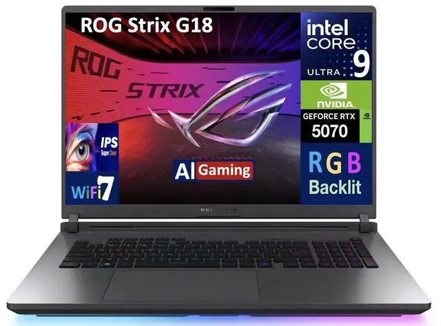 Main image of ASUS ROG Strix AI Gaming Laptop 18" 240Hz IPS WQXGA Display (Intel Ultra 9- 275HX, NVIDIA GeForce RTX 5070 8GB, 32GB DDR5, 2TB SSD, RGB KB, Thunderbolt 4, WiFi 7, Webcam, Bluetooth 5.4, Win 11 Pro)