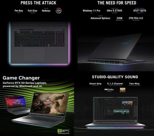 Alt view image 2 of 7 - ASUS ROG Strix AI Gaming Laptop 18" 240Hz IPS WQXGA Display (Intel Ultra 9- 275HX, NVIDIA GeForce RTX 5070 8GB, 32GB DDR5, 2TB SSD, RGB KB, Thunderbolt 4, WiFi 7, Webcam, Bluetooth 5.4, Win 11 Pro)