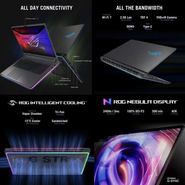 Alt view image 3 of 7 - ASUS ROG Strix AI Gaming Laptop 18" 240Hz IPS WQXGA Display (Intel Ultra 9- 275HX, NVIDIA GeForce RTX 5070 8GB, 32GB DDR5, 2TB SSD, RGB KB, Thunderbolt 4, WiFi 7, Webcam, Bluetooth 5.4, Win 11 Pro)