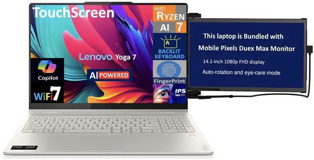 Main image of Lenovo Yoga AI Powered 2-in-1 Laptop 16.0" Touchscreen IPS WUXGA Display (AMD Ryzen AI 7 350, 16GB LPDDR5X, 2TB M.2  PCIe SSD, Backlit KB, Fingerprint, WiFi 7, Win 11 Pro) w/Duex Max DS Monitor