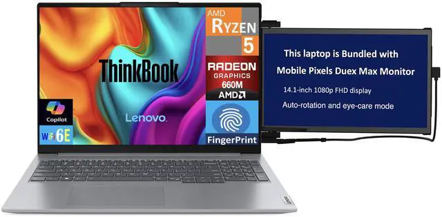 Main image of Lenovo ThinkBook Business Laptop 16.0" IPS WUXGA Display (AMD Ryzen 5 7533HS, 64GB DDR5, 8TB PCIe SSD, AMD Radeon, Fingerprint, WiFi 6E, Webcam, Bluetooth 5.3, Win 11 Home) w/Duex Max DS Monitor