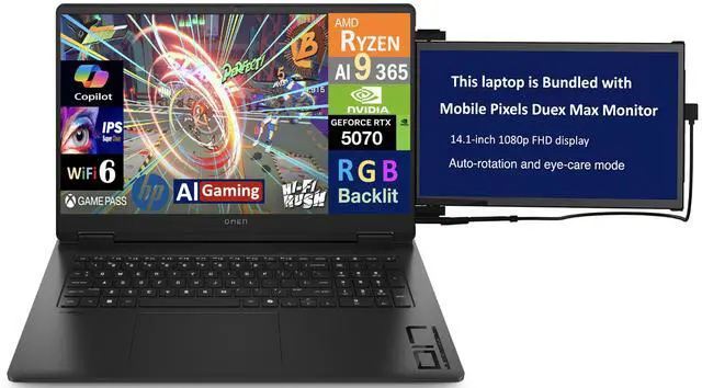 Main image of HP OMEN AI Gaming Laptop 17.3" 240Hz IPS QHD Display (AMD Ryzen AI 9 365, GeForce RTX 5070 8GB, 16GB DDR5, 512GB PCIe SSD, RGB KB, WiFi 6, Webcam, Bluetooth 5.4, Win 11 Pro) w/Duex Max DS Monitor