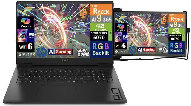 Alt view image 3 of 7 - HP OMEN AI Gaming Laptop 17.3" 240Hz IPS QHD Display (AMD Ryzen AI 9 365, GeForce RTX 5070 8GB, 16GB DDR5, 512GB PCIe SSD, RGB KB, WiFi 6, Webcam, Bluetooth 5.4, Win 11 Pro) w/Duex Max DS Monitor