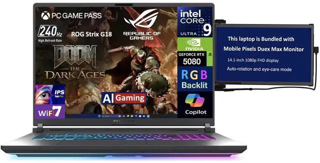 Main image of ASUS ROG Strix AI Gaming Laptop 18" 240Hz IPS WQXGA Display (Intel Ultra 9- 275HX, GeForce RTX 5080 16GB, 32GB DDR5, 8TB PCIe SSD, RGB KB, 2 Thunderbolt 5, WiFi 7, Win 11 Pro) w/Duex Max DS Monitor