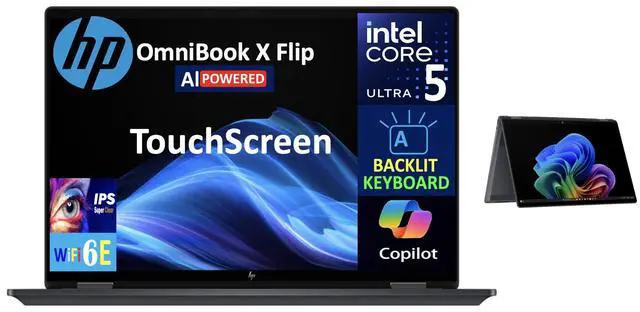 Main image of HP OmniBook AI Powered 2-in-1 Laptop 16.0" Touchscreen IPS WUXGA Display (Intel Ultra 5-226v, 16GB LPDDR5X, 512GB SSD, Backlit KB, Thunderbolt 4, WiFi 6E, Webcam, Bluetooth 5.3, Win 11 Home)