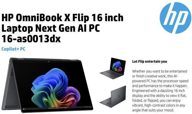 Alt view image 2 of 7 - HP OmniBook AI Powered 2-in-1 Laptop 16.0" Touchscreen IPS WUXGA Display (Intel Ultra 5-226v, 16GB LPDDR5X, 512GB SSD, Backlit KB, Thunderbolt 4, WiFi 6E, Webcam, Bluetooth 5.3, Win 11 Home)