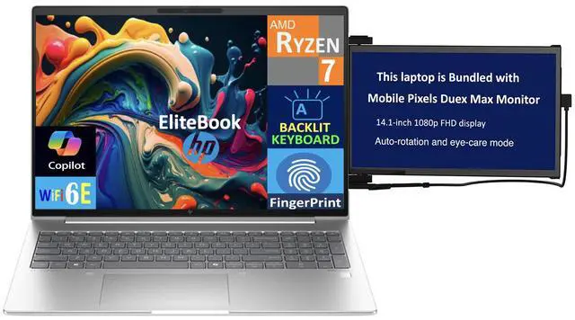 Main image of HP Elitebook Business Laptop 16.0" IPS WUXGA Display (AMD Ryzen 7 7735U, 32GB DDR5, 1TB PCIe SSD, AMD Radeon, Backlit KB, Fingerprint, WiFi 6E, Webcam, Bluetooth 5.3, Win 11 Pro) w/Duex Max DS Monitor