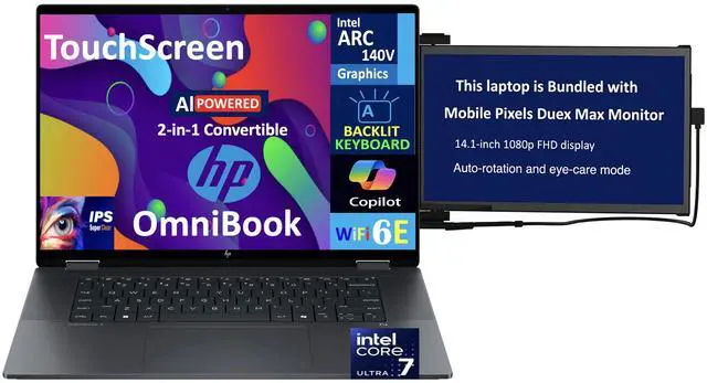 Main image of HP OmniBook AI Powered 2-in-1 Laptop 16.0" Touchscreen IPS WUXGA Display (Intel Ultra 7-258V, 32GB LPDDR5X, 2TB SSD, Backlit KB, Thunderbolt 4, WiFi 6E, Webcam, Win 11 Home) w/Duex Max DS Monitor