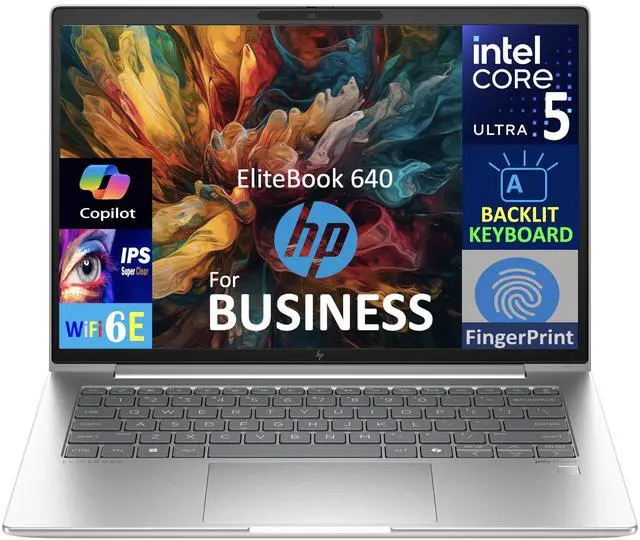 Main image of HP EliteBook 640 Business Laptop 14.0" IPS WUXGA Display (Intel Ultra 5-135U, 16GB DDR5, 512GB SSD, Intel Graphics, Backlit KB, Fingerprint, Thunderbolt 4, WiFi 6E, Webcam, Bluetooth 5.3, Win 11 Pro)