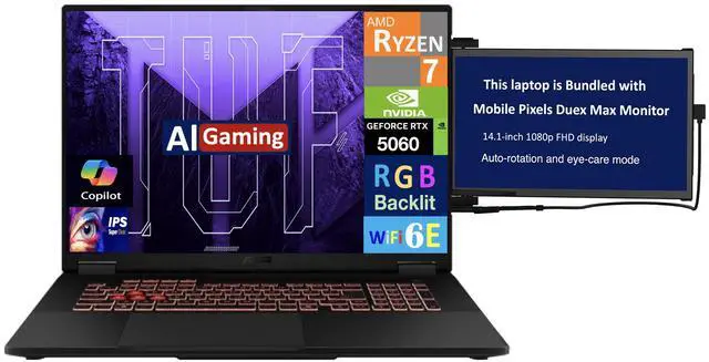 Main image of ASUS TUF AI Gaming Laptop 18" 144Hz IPS WUXGA Display (AMD Ryzen 7 260, NVIDIA GeForce RTX 5060 8GB, 16GB DDR5, 1TB SSD, RGB KB, WiFi 6E, Webcam, Bluetooth 5.4, Win 11 Home) w/Duex Max DS Monitor
