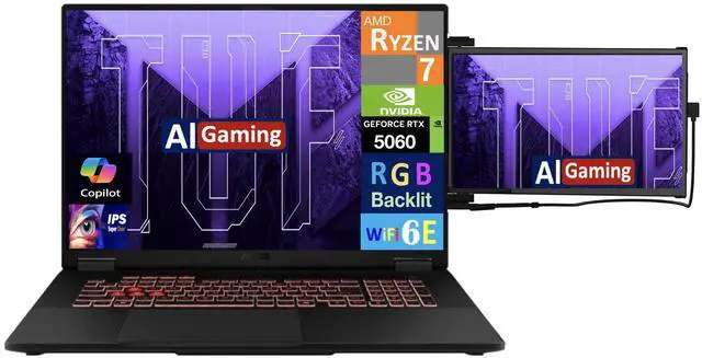 Alt view image 3 of 7 - ASUS TUF AI Gaming Laptop 18" 144Hz IPS WUXGA Display (AMD Ryzen 7 260, NVIDIA GeForce RTX 5060 8GB, 16GB DDR5, 1TB SSD, RGB KB, WiFi 6E, Webcam, Bluetooth 5.4, Win 11 Home) w/Duex Max DS Monitor