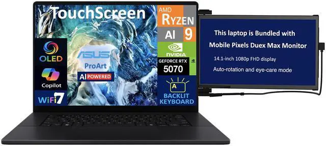 Main image of ASUS ProArt AI Powered Laptop 16.0" Touchscreen OLED 4K Display (AMD Ryzen AI 9 HX 370, 32GB LPDDR5X, 2TB PCIe SSD, GeForce RTX 5070, Backlit KB, WiFi 7, Webcam, Win 11 Pro) w/Duex Max DS Monitor