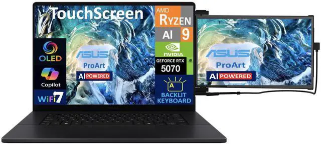 Alt view image 3 of 7 - ASUS ProArt AI Powered Laptop 16.0" Touchscreen OLED 4K Display (AMD Ryzen AI 9 HX 370, 32GB LPDDR5X, 2TB PCIe SSD, GeForce RTX 5070, Backlit KB, WiFi 7, Webcam, Win 11 Pro) w/Duex Max DS Monitor