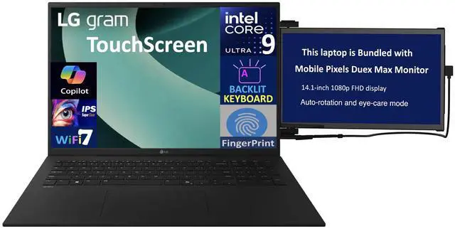 Main image of LG gram AI Powered Laptop 17.0" Touchscreen IPS WQXGA Display (Intel Ultra 9-288V, 32GB LPDDR5X, 2TB PCIe SSD, Intel Arc 140V, Backlit KB, Fingerprint, Win 11 Home) w/Duex Max DS Monitor