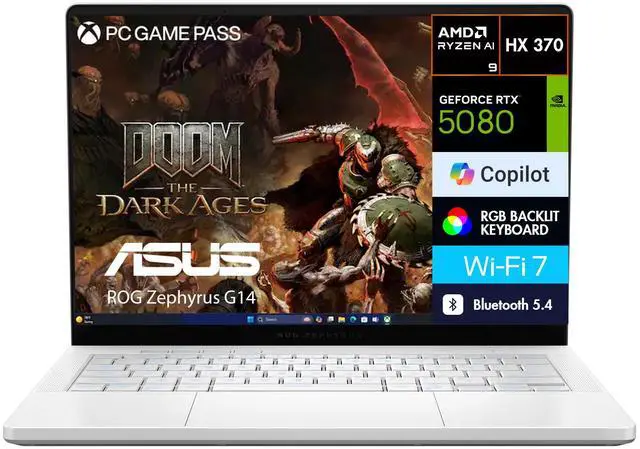 Main image of ASUS ROG Zephyrus G14 AI Gaming Laptop 14.0" 120Hz OLED 2.8K Display (AMD Ryzen AI 9 HX 370, NVIDIA GeForce RTX 5080 16GB, 32GB LPDDR5X, 2TB PCIe SSD, RGB KB, WiFi 7, Webcam, Win 11 Pro)