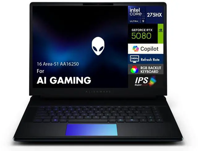 Main image of Alienware 16 Area-51 AA16250 AI Gaming Laptop 16.0" WQXGA (Intel Ultra 9- 275HX, GeForce RTX 5080 16GB, 64GB DDR5, 8TB PCIe SSD, Win 11 Home)