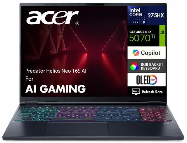 Main image of Acer Predator Helios Neo 16S AI AI Gaming Laptop 16.0" WQXGA (Intel Ultra 9- 275HX, NVIDIA GeForce RTX 5070 Ti 12GB, 32GB DDR5, 2TB PCIe SSD, Win 11 Home)