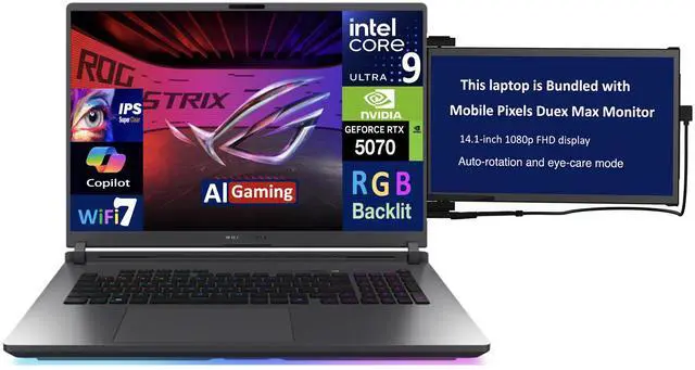 Main image of ASUS ROG Strix AI Gaming Laptop 18" 240Hz IPS WQXGA Display (Intel Ultra 9- 275HX, NVIDIA GeForce RTX 5070 8GB, 64GB DDR5, 4TB PCIe SSD, RGB KB, Thunderbolt 4, Win 11 Pro) w/Duex Max DS Monitor