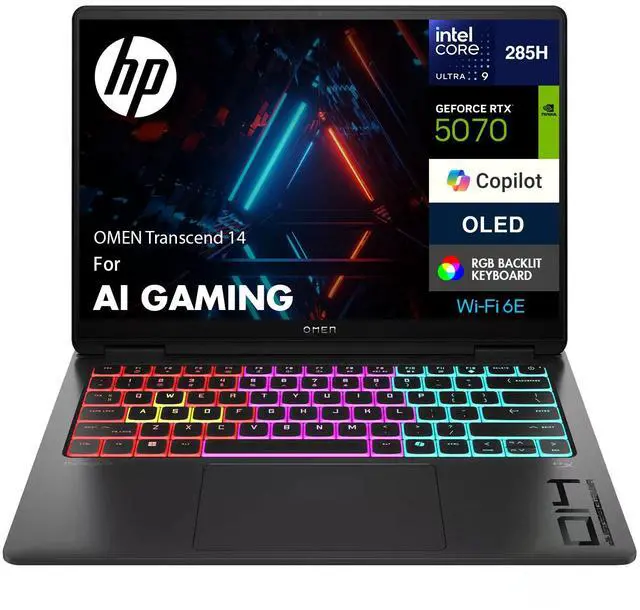 Main image of HP OMEN Transcend 14 AI Gaming Laptop 14.0" 2.8K (Intel Ultra 9-285H, GeForce RTX 5070 8GB, 32GB LPDDR5X, 1TB SSD, Win 11 Home)