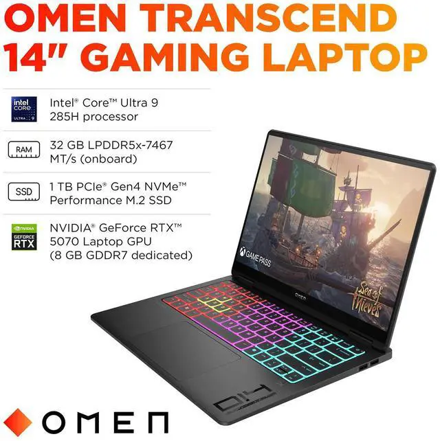 Alt view image 2 of 6 - HP OMEN Transcend 14 AI Gaming Laptop 14.0" 2.8K (Intel Ultra 9-285H, GeForce RTX 5070 8GB, 32GB LPDDR5X, 1TB SSD, Win 11 Home)