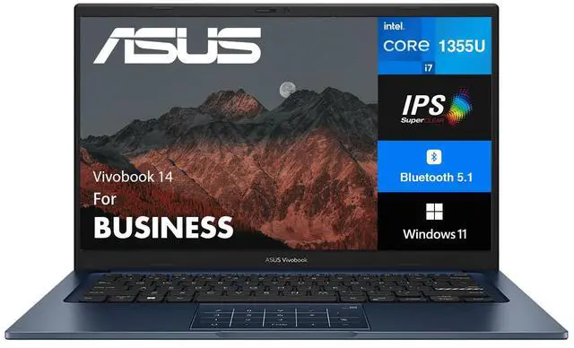 Main image of ASUS Vivobook 14 Business Laptop 14.0" IPS FHD Display (Intel i7-1355U, 12GB DDR4, 512GB SSD, Intel Iris Xe, WiFi 5, Webcam, Bluetooth 5.1, Win 11 Home)