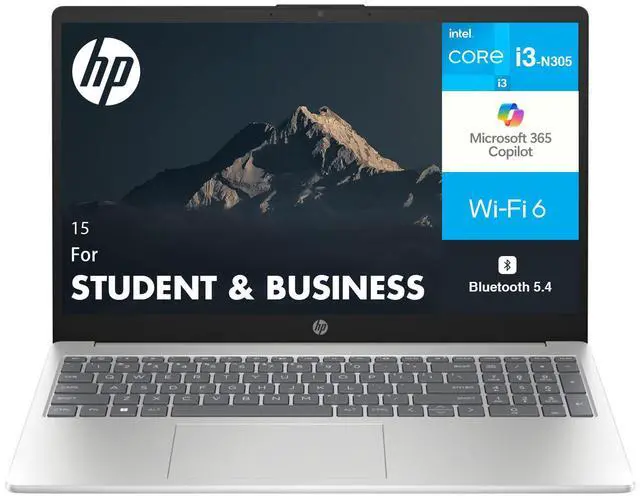 Main image of HP 15 Student & Business Laptop 15.6" HD Display (Intel i3-N305, 8GB DDR4, 128GB SSD, Intel UHD, WiFi 6, Webcam, Bluetooth 5.4, Win 11 Home S-Mode)
