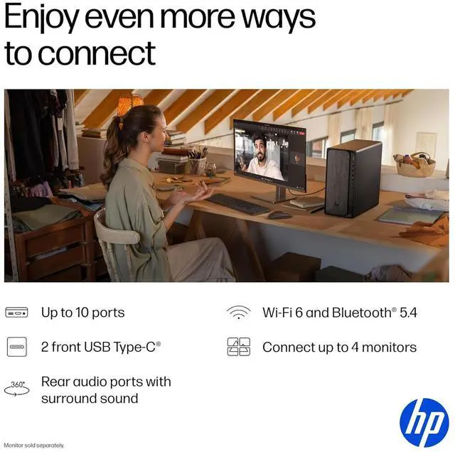 Alt view image 2 of 7 - HP OmniDesk AI PC Desktop (AMD Ryzen 7 8700G, 32GB DDR5, 1TB PCIe SSD, AMD Radeon 780M, 400W PSU, WiFi 6, Bluetooth 5.4, RJ-45, 1 Display Port, HDMI, Win 11 Home)