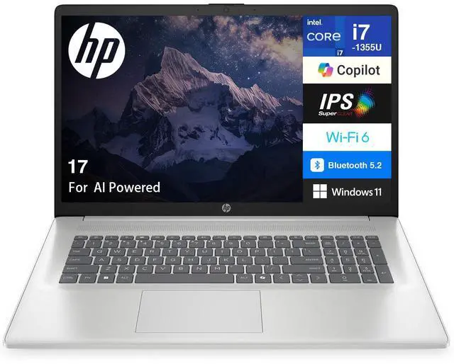 Main image of HP 17 AI Powered Laptop 17.3" IPS FHD Display (Intel i7-1355U, 64GB DDR4, 1TB PCIe SSD, Intel UHD, WiFi 6, Webcam, Bluetooth 5.2, Win 11 Home)