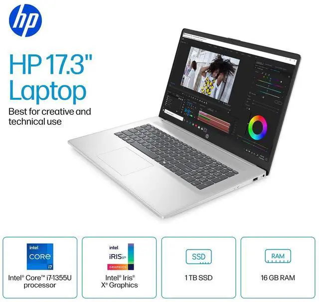 Alt view image 2 of 5 - HP 17 AI Powered Laptop 17.3" IPS FHD Display (Intel i7-1355U, 64GB DDR4, 1TB PCIe SSD, Intel UHD, WiFi 6, Webcam, Bluetooth 5.2, Win 11 Home)