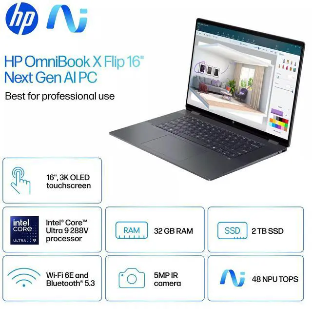 Alt view image 5 of 7 - HP OmniBook X Flip AI PC 2-in-1 Laptop 16.0" Touchscreen OLED 2.8K Display (Intel Ultra 9-288V, 32GB LPDDR5X, 2TB PCIe SSD, Backlit KB, Thunderbolt 4, WiFi 6E, Webcam, Bluetooth 5.3, Win 11 Pro)