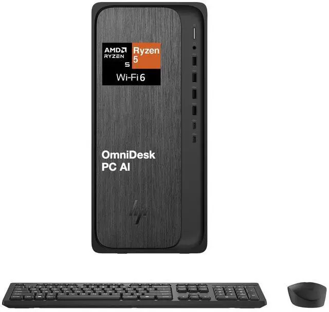 Main image of HP OmniDesk AI PC Desktop (AMD Ryzen 5 8500G, 32GB DDR5, 8TB PCIe SSD, AMD Radeon 740M, 280W PSU, WiFi 6, Bluetooth 5.2, RJ-45, 1 Display Port, HDMI, Win 11 Pro)