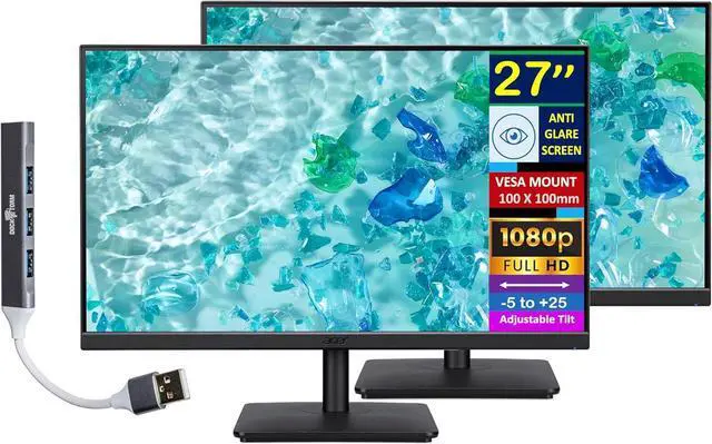 Main image of Acer 27" FHD IPS Monitor with 4ms Response Time, Anti Glare, VESA Mount (100mm), HDMI, VGA & Dockztorm USB Port Expander, Black Color 2 Pack