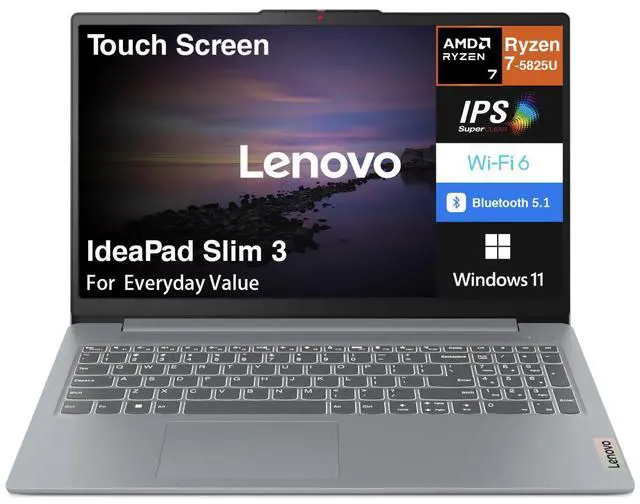 Main image of Lenovo IdeaPad Slim 3 Everyday Value Laptop 15.6" Touchscreen IPS FHD Display (AMD Ryzen 7 5825U, 16GB LPDDR4, 512GB M.2  PCIe SSD, AMD Radeon, WiFi 6, Webcam, Bluetooth 5.1, Win 11 Pro)