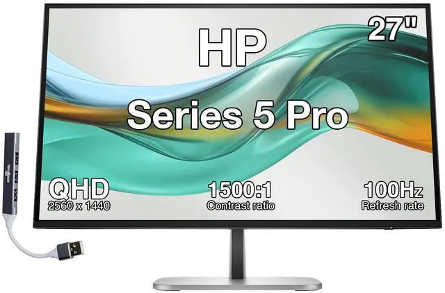 Main image of HP Series 5 Pro 27" QHD IPS Monitor with 5ms Response Time, Anti Glare, Flicker Free, Tilt, Swivel, Pivot, VESA Mount (100mm), Displayport, HDMI & Dockztorm USB Port Expander, Black/Silver Color