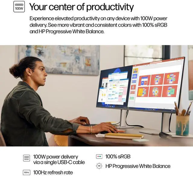 Alt view image 4 of 7 - HP Series 5 Pro 27" QHD IPS Monitor with 5ms Response Time, Anti Glare, Flicker Free, Tilt, Swivel, Pivot, VESA Mount (100mm), Displayport, HDMI & Dockztorm USB Port Expander, Black/Silver Color