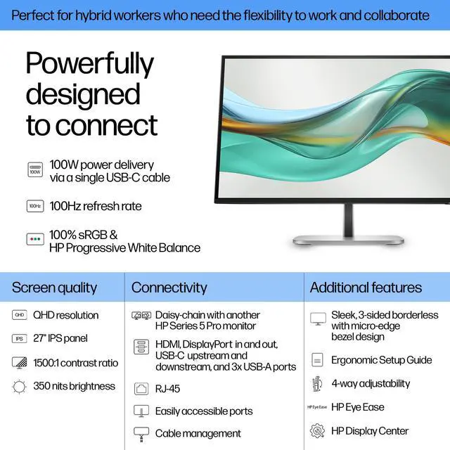 Alt view image 5 of 7 - HP Series 5 Pro 27" QHD IPS Monitor with 5ms Response Time, Anti Glare, Flicker Free, Tilt, Swivel, Pivot, VESA Mount (100mm), Displayport, HDMI & Dockztorm USB Port Expander, Black/Silver Color