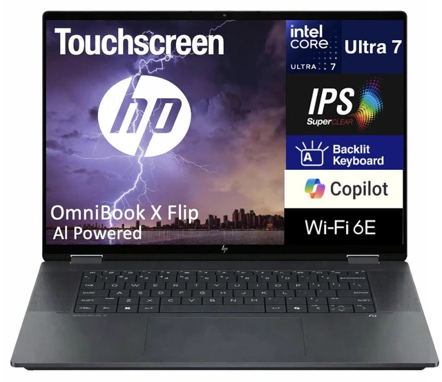 Main image of HP OmniBook X Flip AI Powered 2-in-1 Laptop 16.0" Touchscreen IPS WUXGA Display (Intel Ultra 7-258V, 32GB LPDDR5X, 2TB SSD, Backlit KB, Thunderbolt 4, WiFi 6E, Webcam, Win 11 Home) (Renewed)