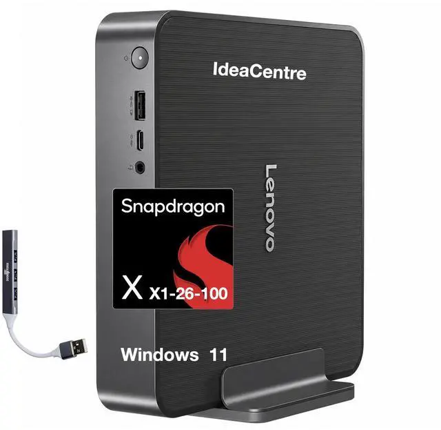 Main image of Lenovo IdeaCentre SDX126 Copilot + Mini Desktop (Qualcomm Snapdragon X X1-26-100, Qualcomm Adreno, 32GB LPDDR5X, 512GB SSD, WiFi 7, Bluetooth 5.4, 150W PSU, RJ-45, Win 11 Home) w/DKZ USB Port Expander