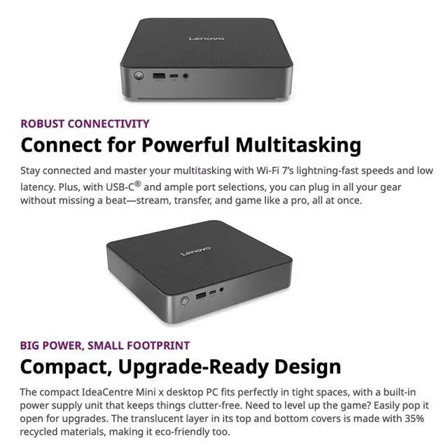 Alt view image 6 of 7 - Lenovo IdeaCentre SDX126 Copilot + Mini Desktop (Qualcomm Snapdragon X X1-26-100, Qualcomm Adreno, 32GB LPDDR5X, 512GB SSD, WiFi 7, Bluetooth 5.4, 150W PSU, RJ-45, Win 11 Home) w/DKZ USB Port Expander