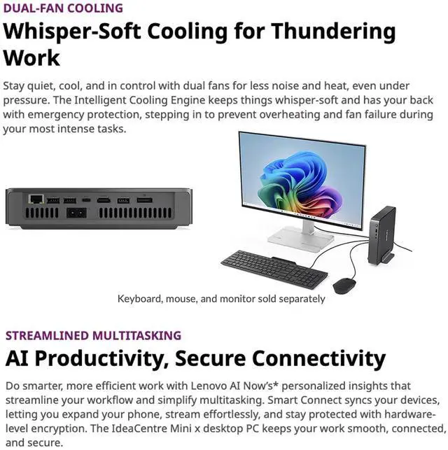 Alt view image 7 of 7 - Lenovo IdeaCentre SDX126 Copilot + Mini Desktop (Qualcomm Snapdragon X X1-26-100, Qualcomm Adreno, 32GB LPDDR5X, 512GB SSD, WiFi 7, Bluetooth 5.4, 150W PSU, RJ-45, Win 11 Home) w/DKZ USB Port Expander