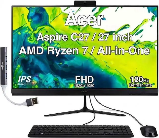 Main image of Acer Aspire C27 Professional All-in-One 27" IPS FHD Display (AMD Ryzen 7 5825U, 64GB DDR4, 4TB PCIe SSD, AMD Radeon, WiFi 6E, Webcam, Bluetooth 5.3, Win 11 Home) w/DKZ USB Port Expander